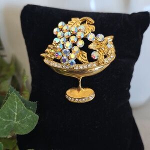 Vintage Gold Vase with Grapes Flowers Brooch Pin  AB And Clear Crystals